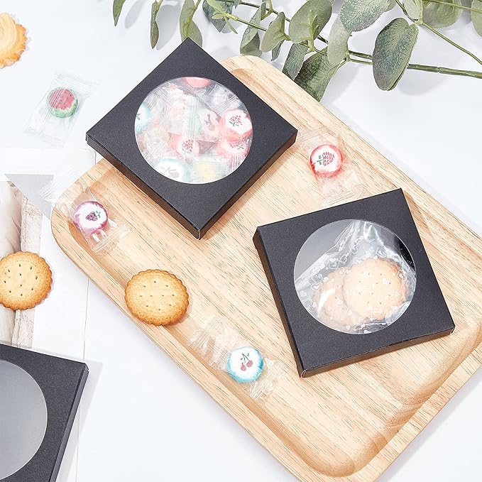 BENECREAT 24 Pack Black Kraft Paper Boxes with Clear Window 3.5x3.5x0.6" Paper Gift Packaging Boxes for Wedding Party Candy Cookies Favor Treat
