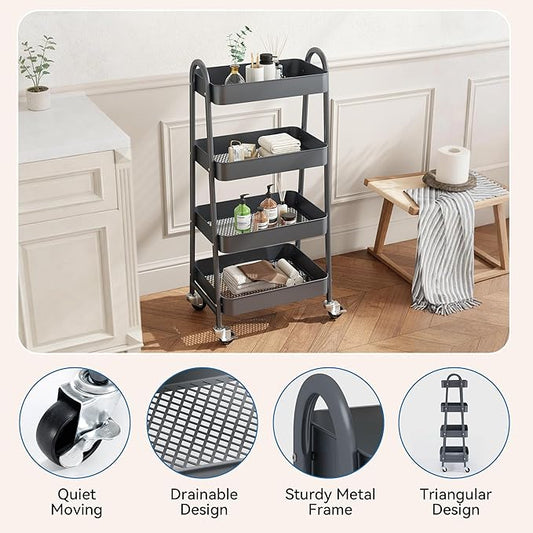 OLIXIS 4 Tier Utility Rolling Cart, Metal Mobile Storage Shelf with Lockable Caster Wheels, Organization for Livingroom, Bathroom & Narrow Places, 4-Tier Gray