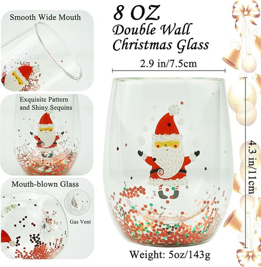 Christmas Mugs, 8 oz Double Wall Insulated Glass Coffee Mugs Set of 4, Cute Funny Mugs Coffee Cups for Cappuccino, Latte, Americano, Tea, Wine and Beverage