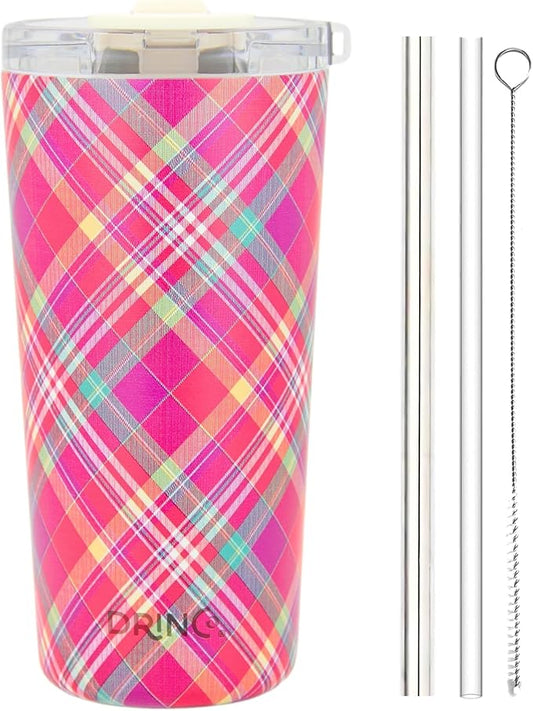 Drinco - 20 oz Stainless Steel Tumbler | Double Walled Vacuum Insulated Mug With Lid, 2 Straws, For Hot & Cold Drinks (20oz Madras Plaid)