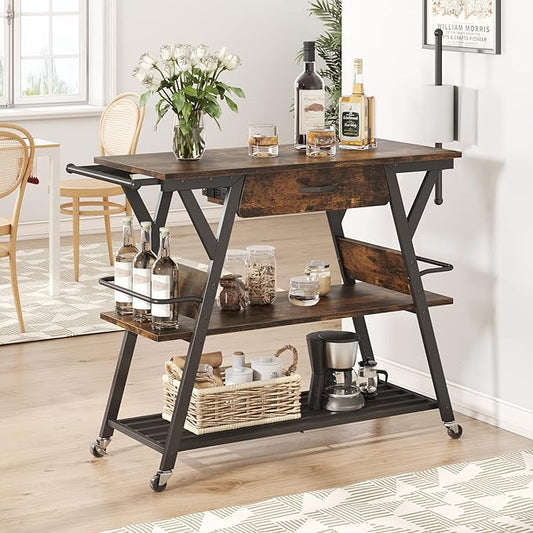 Bestier Coffee Cart Station, 48" W Coffee Bar Cart with Storage Drawer, Mobile Kitchen Island on Lockable Wheels, Coffee Bar Table with Paper & Towel Holder for Dinning Room Living Room, Rustic Brown