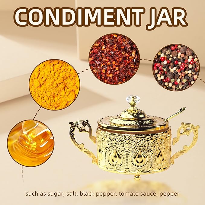Flylin Sugar Bowl, Turkish Sugar Bowl with Lid and Spoon for Candy Cookie Honey, Golden Vintage Glass Seasoning Jar for Home and Kitchen Coffee Bar (6)