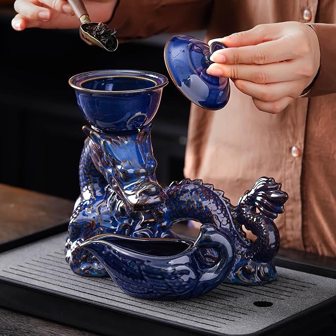Semi Automatic Tea Set Ceramic Teapot with Infuser Magic Teapot with 8 cups Gradient Color (Dark Blue Dragon-C)