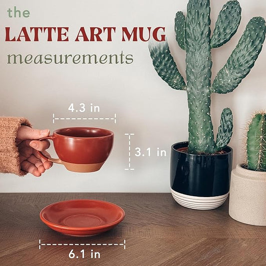MORA Ceramic Latte Art Mug With Saucer - 10.5 oz, Round Bottom For Perfect Pours - Cafe Cups for Cappuccino, Espresso, Coffee, Tea etc - Porcelain Set for Baristas, Great Gift - Crimson Red