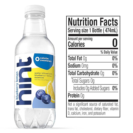 Hint Fruit-Infused Bottled Water, Blueberry Lemon - Sugar Free Flavored Water with Zero Calories, Natural Fruit Essences, and No Artificial Sweeteners - 16 Fl Oz (Pack of 12)