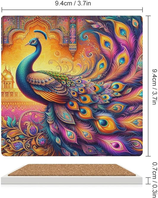 Square-6PCS Peacock Drink Coasters, Square Modern Ceramic Absorbent Coasters, Boho Art Beautiful Colorful Floral Peacock Pattren Decor Desk Coffee Table Coaster for Beverage Cup Tea Coasters
