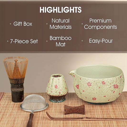 7-Piece Matcha Set with Ceramic Matcha Bowl, Bamboo Whisk (Chasen) & Holder, Sifter, Tea Scoop & Rest, Special Bamboo Tea Mat - Perfect Matcha Kit for Matcha Lovers & Gift Giving, Sakura