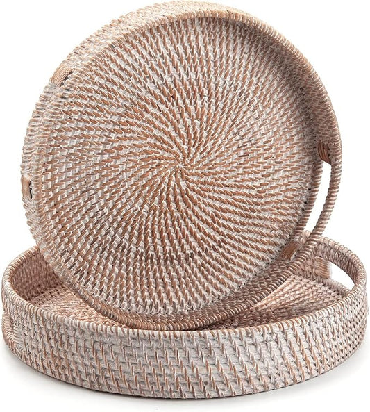 2 Pack Round Rattan Tray, Hand Woven Serving Tray with Handles, Wicker Serving Basket, Decorative Tray for Home Decor, Whitewash (11.8 + 14 inch)