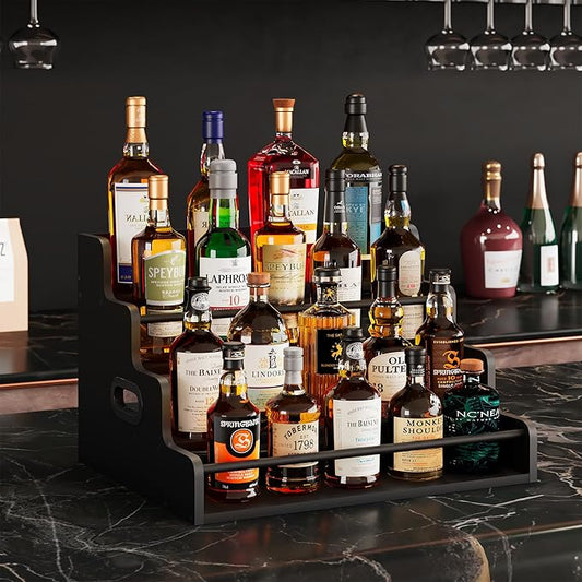 LIVELYGLOW 19.6”W x 15.74" D x 12.5" H Inches Versatile 4-Step Coffee Syrup & Water Bottle Organizer Rack Multi-Functional Retro Display Shelf for Kitchen or Bar, Holds Liquor & Spirits, Black