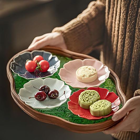 IwaiLoft Glass Serving Tray with The Crabapple Pattern Glass and Walnut for Kitchen Countertop Home Decor for Coffee Table, Also Suitable for Tea Coffee Decorative Trays (Green,11.4" x 7.8" x 1")