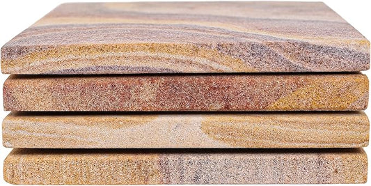 Sandstone Water Absorbent Hand Crafted Square Coasters for Drinks - 4 Inches Wide Thirsty Stone Bar/Drink Coasters- Made from Rainbow Sandstone (Set of 4 Without Holder)