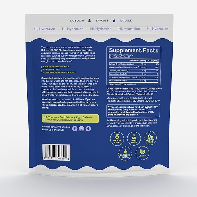 Hi-Lyte K1000 Electrolytes Powder Packets Orange, 30 Servings - 1000mg Potassium + Magnesium, Sodium, Trace Minerals - 0 Carbs, 0 Sugar