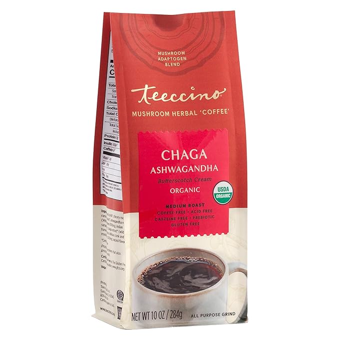Teeccino Chaga Ashwagandha Coffee Alternative - Butterscotch Cream - Organic, Adaptogenic Herbal Mushroom Coffee, Medium Roast, Caffeine Free, Prebiotic, Acid Free, Gluten Free - 10 oz (Pack of 6)