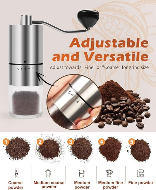 Rsoilch Manual Coffee Grinder | Ceramic Burr | 5 Grind Settings | Stainless Steel | Espresso to French Press