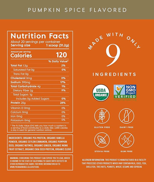 Truvani Vegan Pea Protein Powder | Pumpkin Spice | 20g Organic Plant Based Protein | 20 Servings | Keto | Gluten & Dairy Free | Low Carb | No Added Sugar
