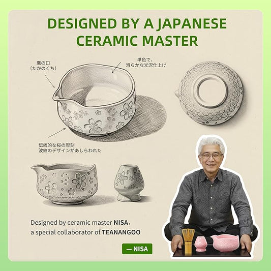TEANAGOO 7-PCS Pink Matcha Whisk Set with Cherry Blossom Design, Complete Ceremony Kit, Ceramic Chawan Bowl with Spout, Whisk & Accessories, Traditional Matcha Tea Set for Lattes& Gift Giving
