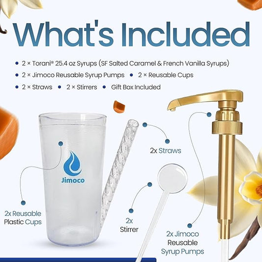 Jimoco Barista Set – Torani Sugar Free Salted Caramel & French Vanilla Syrups (25.4 oz Each) with 2 Jimoco Syrup Pumps, Reusable Cups, Straws & Stirrers – Coffee, Italian Soda & Cocktail Flavoring Kit