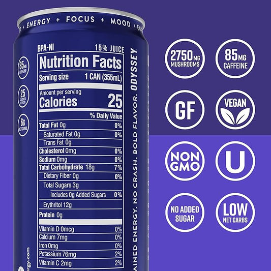 Odyssey Functional Energy Drink for Focus, Cognition & Mood Support 12 Pack - Adaptogenic Drink with 85mg Green Tea Caffeine, Lions Mane, Cordyceps, L-Theanine & Ginseng, Sparkling Blackberry Lemonade