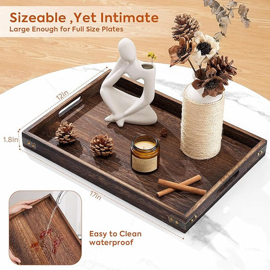 Serving Trays for Party-17In Large Serving Tray with Handles,Wooden Coffee Table Tray&Charcuterie Boards,Serving Platter for Breakfast in Bed Tray,Decorative Rectangular Tray for Ottoman/BBQ/Kitchen