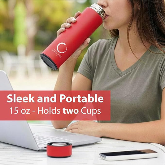 Pure Zen Tea Thermos with Infuser for Hot and Cold Infusions - Stainless Steel - Tea Infuser Bottle - Leakproof Travel Mug with Filter - 15oz - Red