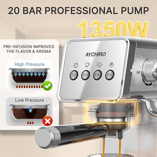 Espresso Machine with Steam Milk Frother, Adjustable Espresso Machine 20 Bar, Compact Espresso Maker for Latte & Cappuccino,Detachable Water Tank/Drip Tray