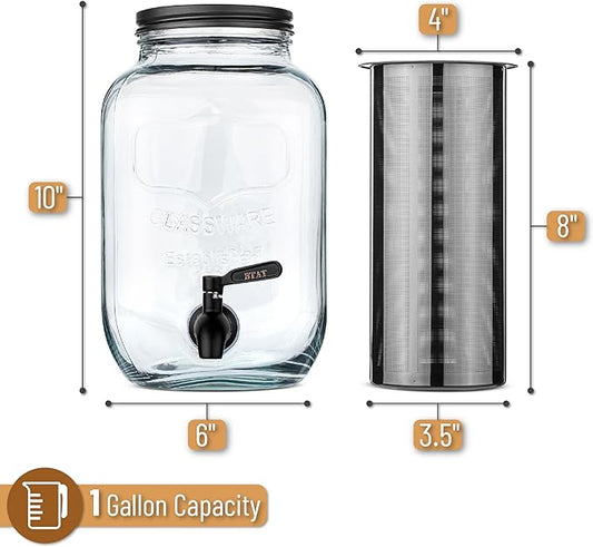 BTaT- 1 Gallon Cold Brew Coffee Maker, Thick Glass Pitcher with Stainless Steel Filter, Lid & Spigot, Iced Coffee & Sun Tea Brewer, Large Mason Jar Cold Brew Container, Fast Iced Tea Maker for Fridge