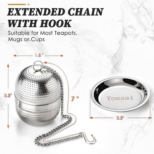 2 Pack Tea Infusers for Loose Tea, Extra Fine Mesh 18/8 Stainless Steel Tea Strainers, Loose Leaf Tea Steeper Tea Ball Tea Diffuser Tea Holder with Extended Chain Hook and Drip Tray