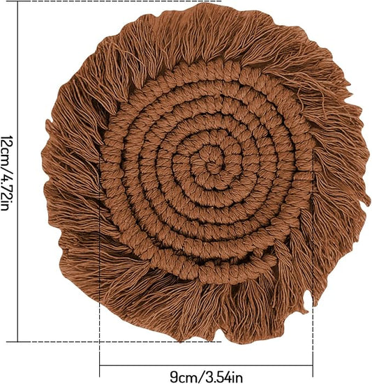 Whaline Boho Macrame Coasters Set of 4 Handmade Woven Coaster for Drinks Bohemian Cup Mat with Tassel for Kinds of Mugs and Cups Coffee Home Kitchen Office Wooden Table Decor