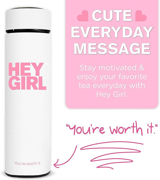 Hey Girl Tea Infuser Bottle 450ml - Insulated Stainless Steel Water Bottle - Tea Tumbler with Tea Diffuser - Portable Travel Mug for Loose Leaf Tea & Infused Water - Tea Lovers Gifts for Women
