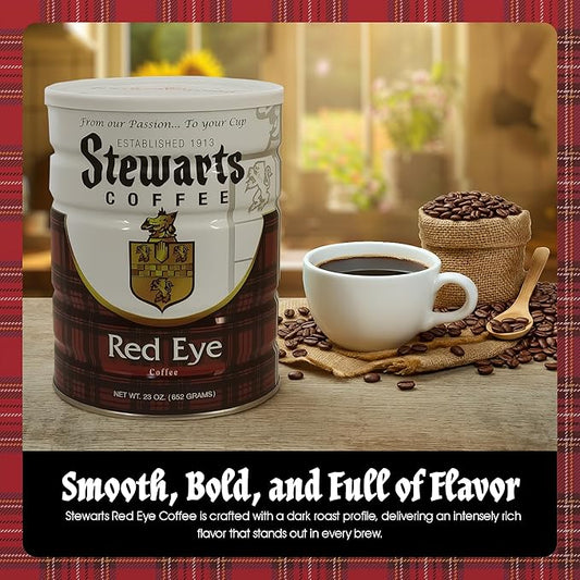 Stewarts - Red Eye Ground Coffee - Dark Roast - Vacuum Sealed Bags - Bold & Rich Dark Roast Ground Coffee - Ideal for Morning Energy & All-Day Enjoyment - Freshly Packed Flavor (23oz, Pack of 6)