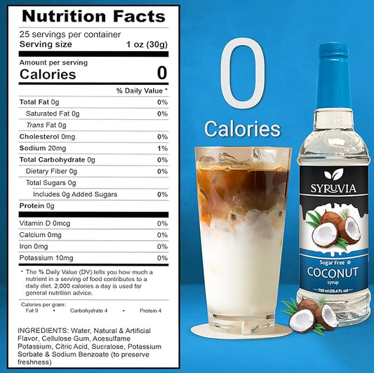 Syruvia Sugar Free Coffee Syrup, Coconut Flavored Syrup for Drinks, Lattes, and Desserts – 25.4 fl oz, With Pump