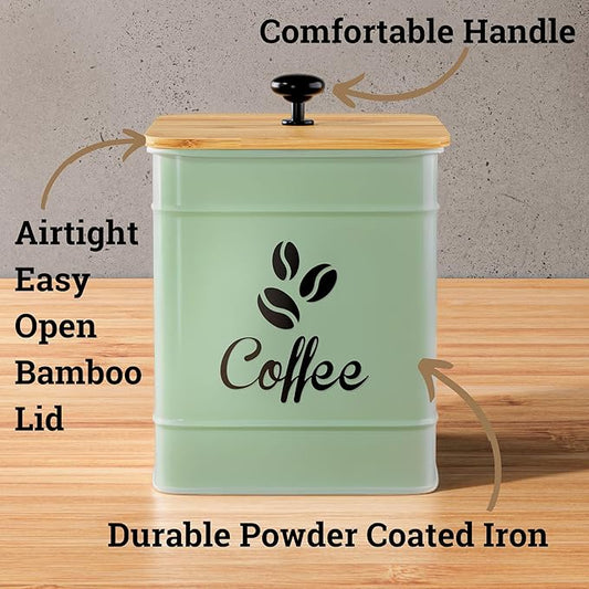 Airtight Coffee Canister - 40 oz Large Iron Sage Green Container Airtight - 6 x 8 inch Metal Jar - Stylish Countertop Container for Coffee Grounds, Beans & Pods with Rubber-Lined Bamboo Lid