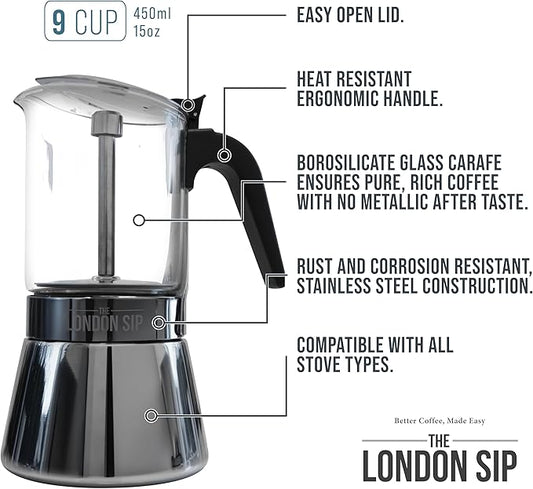 The London Sip Glass and Stainless Steel Stovetop Espresso Maker, Moka Pot Italian Coffee Percolator, Large (15.2 oz)