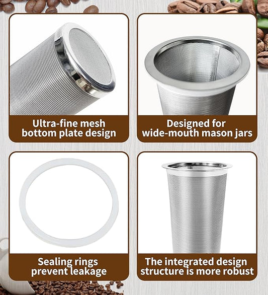 Cold Brew Coffee Filter, 304 Stainless Steel Food Grade, Coffee Maker, Tea Maker,Water Filter, Ultra Fine Mesh Wide Mouth Mason Jar (64Oz)
