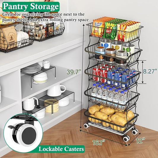 5 Tier Fruit Basket for Kitchen, Stackable Bins Wire Rack with Wheels, Fruit and Vegetable Storage Basket Pantry Food Snack Organizer Shelf, Kitchen Storage Cart for Onion and Potato, Produce
