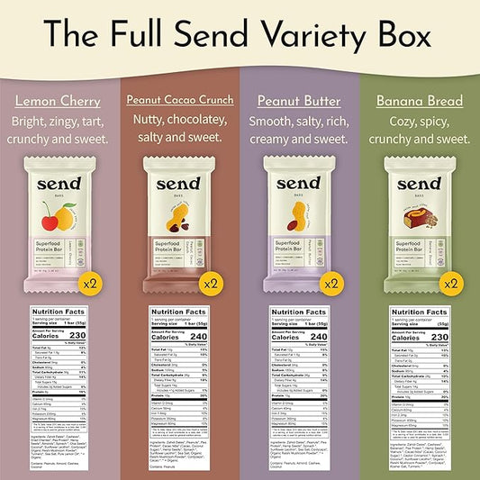 Send Bars Plant-Based Vegan Healthy Protein Bars, With Greens (Variety Pack, 8 Bars) – Only Real Ingredients, Zero Added Sugar, Gluten-Free, Dairy-Free