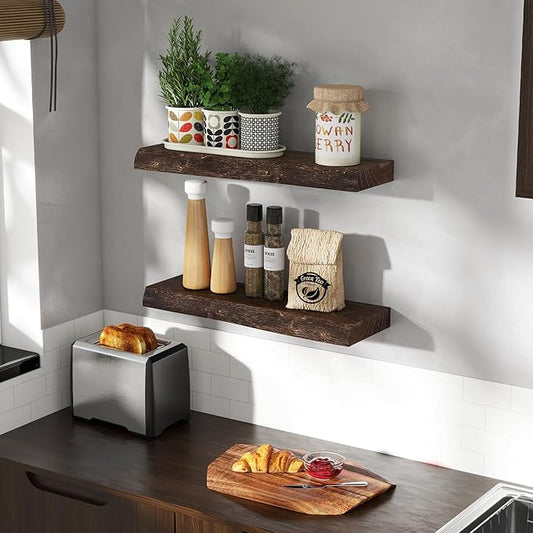 24 Inch Live Edge Floating Shelves for Wall 2 Pack Shelves for Bedroom, Bathroom, Kitchen, Wall Mounted Rustic Solid Elm Wood Floating Shelf with Invisible Bracket for Books, Decor, Storage, Walnut
