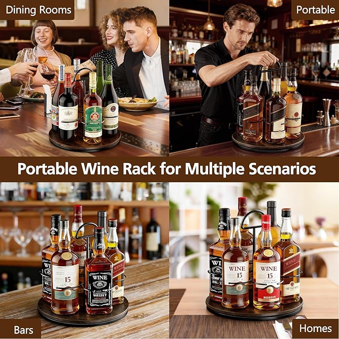 MAYELM 360° Rotating Wine and Coffe Syrup Bottle Rack, 6-Bottle Countertop Organizer with Non-Slip Base, Space-Saving Liquor and Syrup Bottle Display Shelves for Home Bar and Kitchen