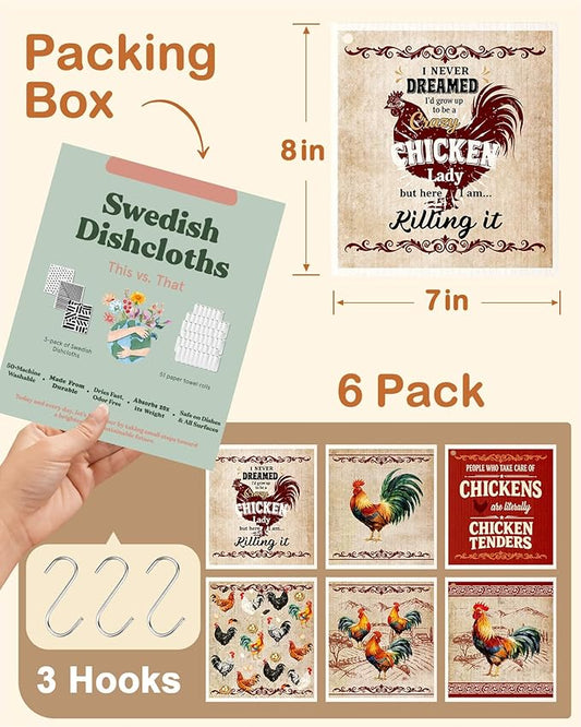 Kitchen Swedish Dishcloths with Hooks - 6 Pack Reusable Dish Cloths for Washing Dishes Fast Drying Cute Fun Swedish Dish Towels Washable Cleaning Sponge, Red Chicken