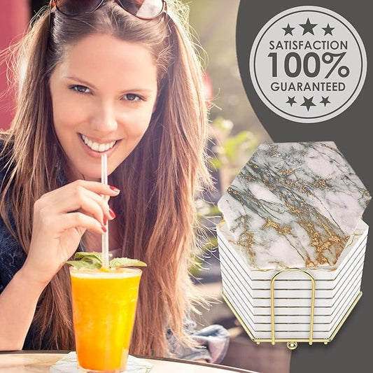 8 Pcs Coasters for Drinks Absorbent with Holder|Marble Design Ceramic Coaster Set| Super Absorbent Hot and Cold Drink Coasters| Table with Cork Bottom | Cup for Living Room,Gray Gold
