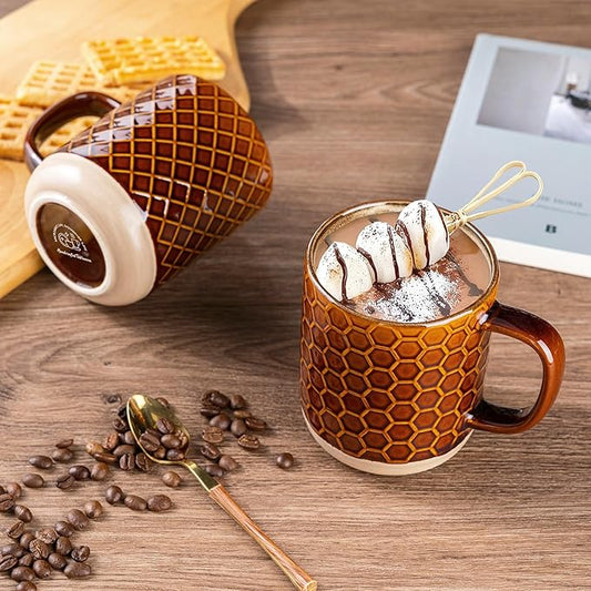 GBhome Large Coffee Mugs Set of 4, 16oz Handmade Stoneware Coffee Mugs Set with Large Handle for Cappuccino/Latte/Tea/Hot Cocoa, Dishwasher & Microwave Safe, Caramel