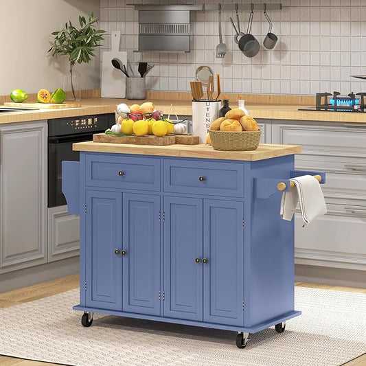 HOMCOM Kitchen Island Cart with Rubber Wood Top, Rolling Kitchen Island Table on Wheels with Drawers, Adjustable Shelves, Spice Rack and Towel Rack for Dining Room, Navy Blue