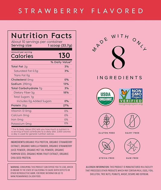 Truvani Vegan Pea Protein Powder | Strawberry | 20g Organic Plant Based Protein | 10 Servings | Keto | Gluten & Dairy Free | Low Carb | No Added Sugar