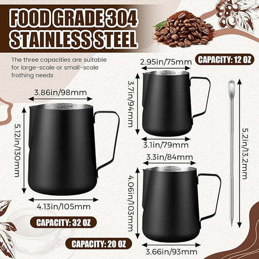 Maxdot 3 Pack Milk Frothing Pitcher 12 Oz, 20 oz and 30 oz Milk Frother Cup Stainless Steel Espresso Steaming Pitcher with Scale Frother Jug with Art Pen for Cappuccino Coffee Latte Art