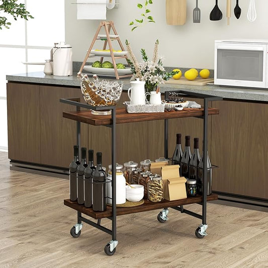 GOFLAME Bar Cart for Home, 2-Tier Kitchen Cart with Lockable Wheels and Anti-Fall Guardrail, Bar Serving Cart with Metal Frame, Rolling Beverage Storage Cart for Dining Room, Living Room