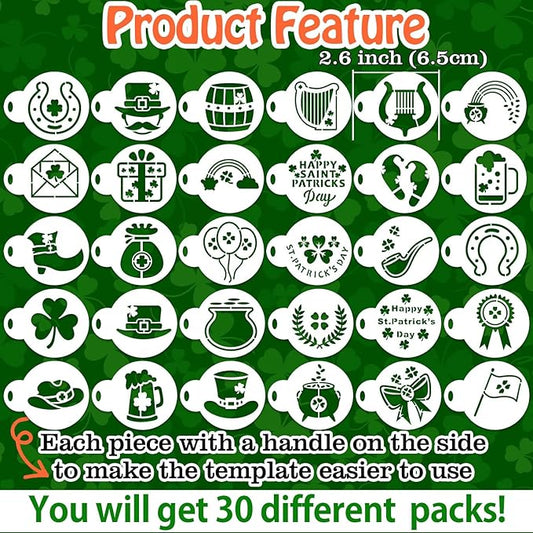 Partywind 30 PCS St Patrick's Day Cookie Stencils for Decorations, Saint Patricks Day Shamrock Stencils Templates for Cake Coffee, Irish Face Painting Ornaments