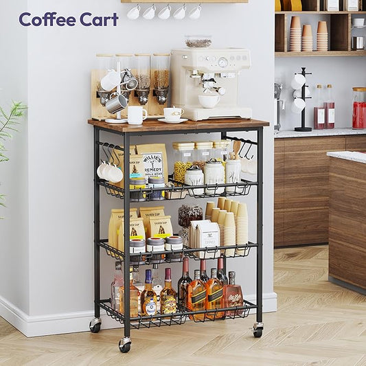 SWTYMIKI Rolling Kitchen Storage Cart - 4 Tier Microwave Table Stand with 6 Storage Baskets, Coffee Bar with Wheels, Kitchen Utility Cart Shelf Rack Organizer for Fruit, Vegetables, Potato (Brown)
