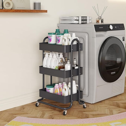 MIOCASA 3-Tier Metal Utility Rolling Cart, Heavy Duty Multifunction Cart with Lockable Casters, Easy to Assemble, Suitable for Office, Bathroom, Kitchen, Garden (Dark Gray, 3-Tier-Metal)