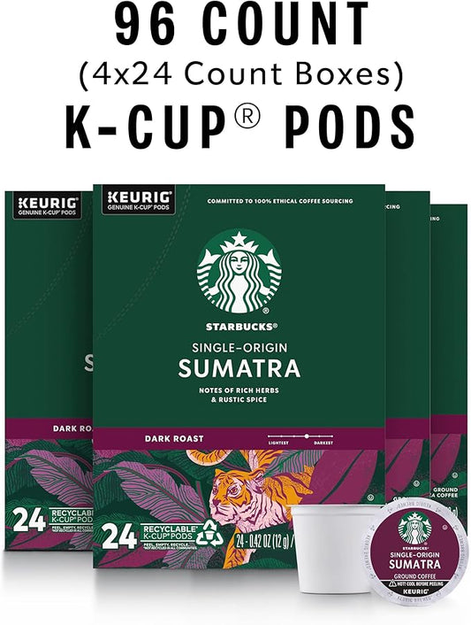 Starbucks K-Cup Coffee Pods, Dark Roast Coffee, Sumatra for Keurig Brewers, 100% Arabica, 4 boxes (96 pods total)