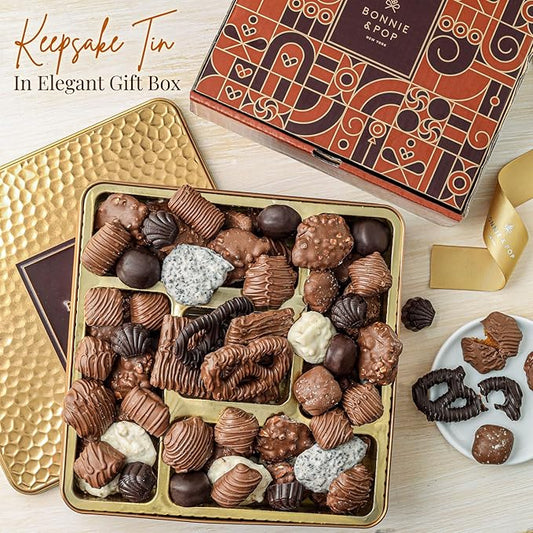 Chocolate Gift Basket, Gourmet Snack Food Box in Keepsake Tin, 2+ lbs of Chocolate, Great for Birthday, Sympathy, Family Parties & Get Well - Bonnie & Pop